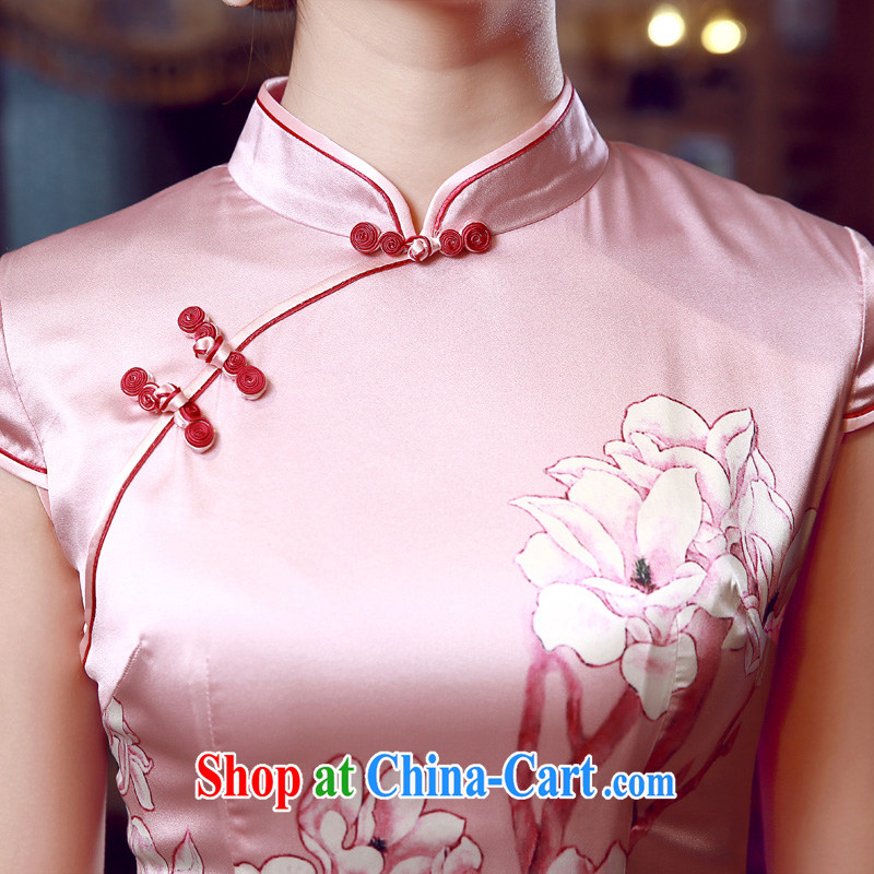 Morning dresses, new summer retro short improved stylish sauna silk silk Chinese qipao dress pink Magnolia pink M morning land, shopping on the Internet
