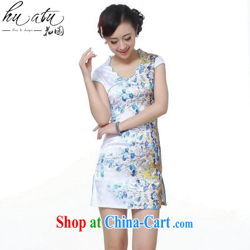 Take the cheongsam Chinese summer new female Chinese qipao improved retro lace up collar hand-painted cotton short cheongsam - A blue 2 XL, spend, and, shopping on the Internet
