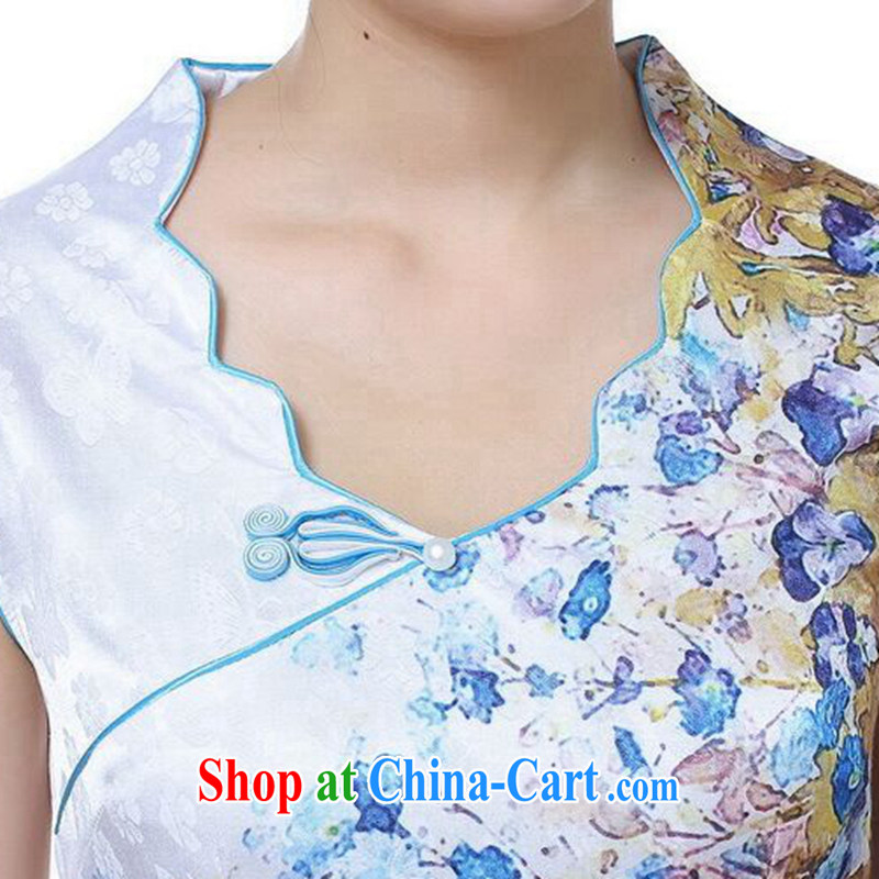 Take the cheongsam Chinese summer new female Chinese qipao improved retro lace up collar hand-painted cotton short cheongsam - A blue 2 XL, spend, and, shopping on the Internet