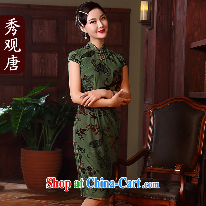 The CYD HO Kwun tong- Tsui Yan flocking floral retro dresses summer 2015 new improved cheongsam dress QD 5138 green XXL