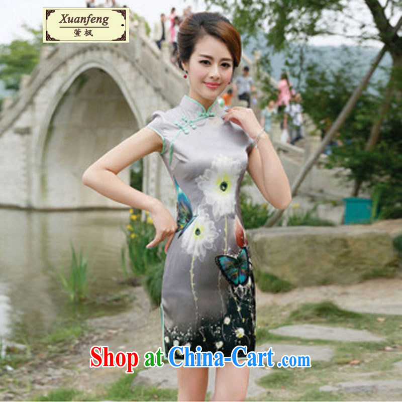XUAN FENG 2014 new summer and early autumn the OL commute half sleeve and collar Beautiful Stamp embroidery antique China wind cheongsam dress dresses gray butterfly XXL