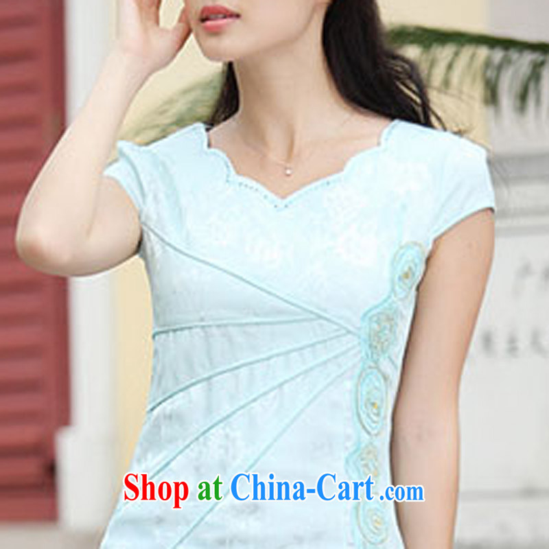 According to Wei family 2015 spring and summer with new Stylish retro improved V short-sleeved cultivating the dresses cheongsam girls blue S Wei, according to family, and, on-line shopping