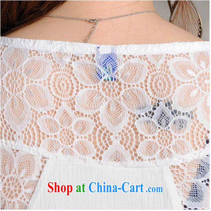 Black butterfly store XS 8223 original ethnic wind summer ladies' round neck T-shirt embroidered spell lace flouncing short-sleeved snow woven shirts female white XXL, A . J . BB, shopping on the Internet
