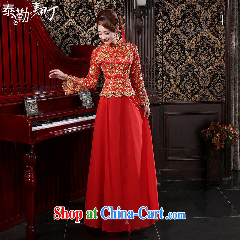 2015 new spring bridal wedding dresses, lace long cheongsam quilted red toast serving female Red XXL