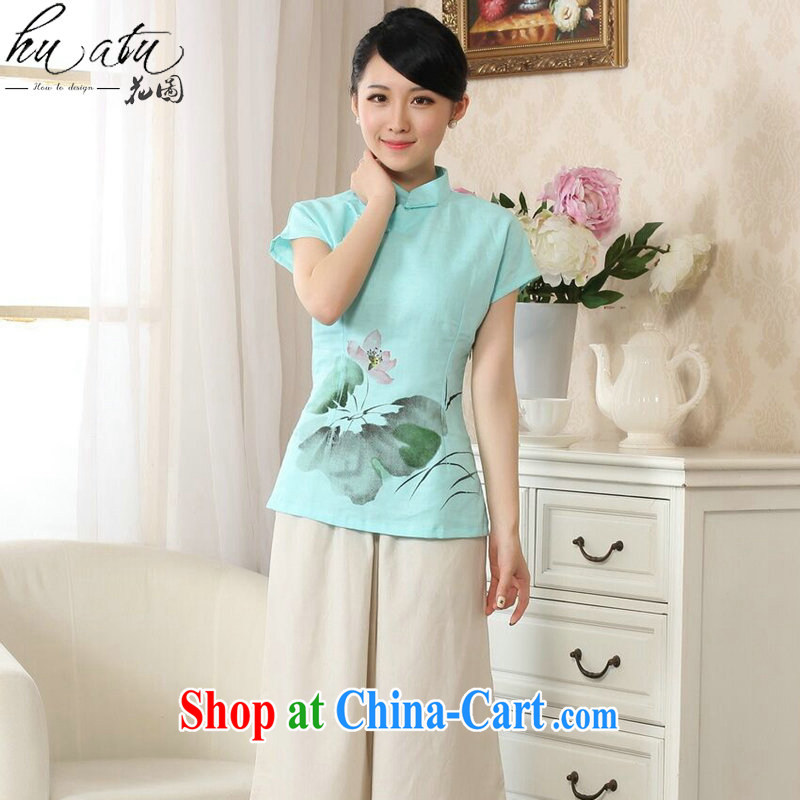 Take the new girl with a hand-painted T-shirt outfit cotton the Chinese Ethnic Wind female Tang is improved, for literary and artistic T-shirt - C sky 2 XL, spend figure, shopping on the Internet