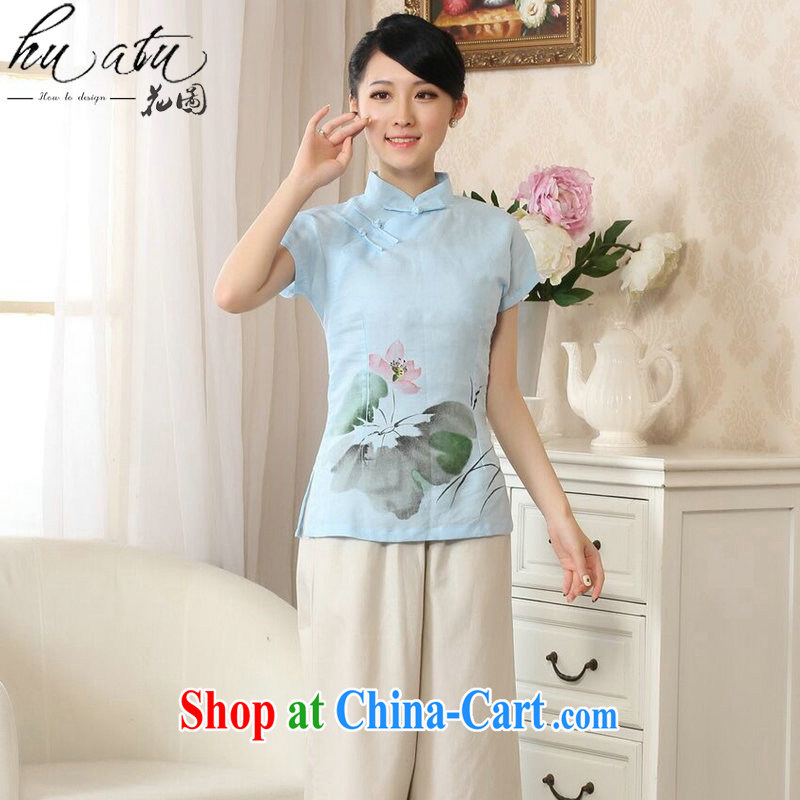 spend the summer with new Tang Women's clothes hand-painted robes arts cotton the Chinese Ethnic Wind Tang is improved, collared T-shirt - light blue A S, figure, and shopping on the Internet