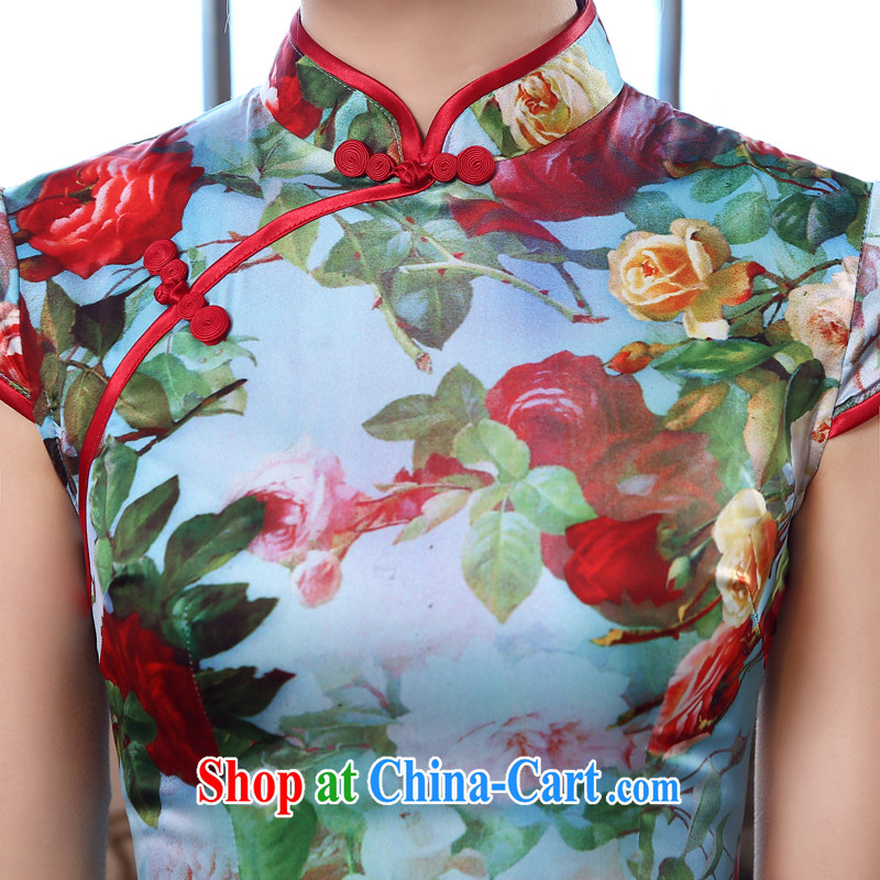 Morning dresses, new 2015 summer retro short improved stylish sauna silk silk Chinese qipao rose green XXL morning land, shopping on the Internet