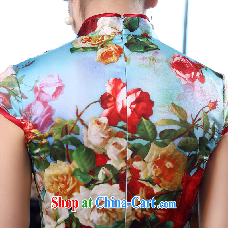 Morning dresses, new 2015 summer retro short improved stylish sauna silk silk Chinese qipao rose green XXL morning land, shopping on the Internet