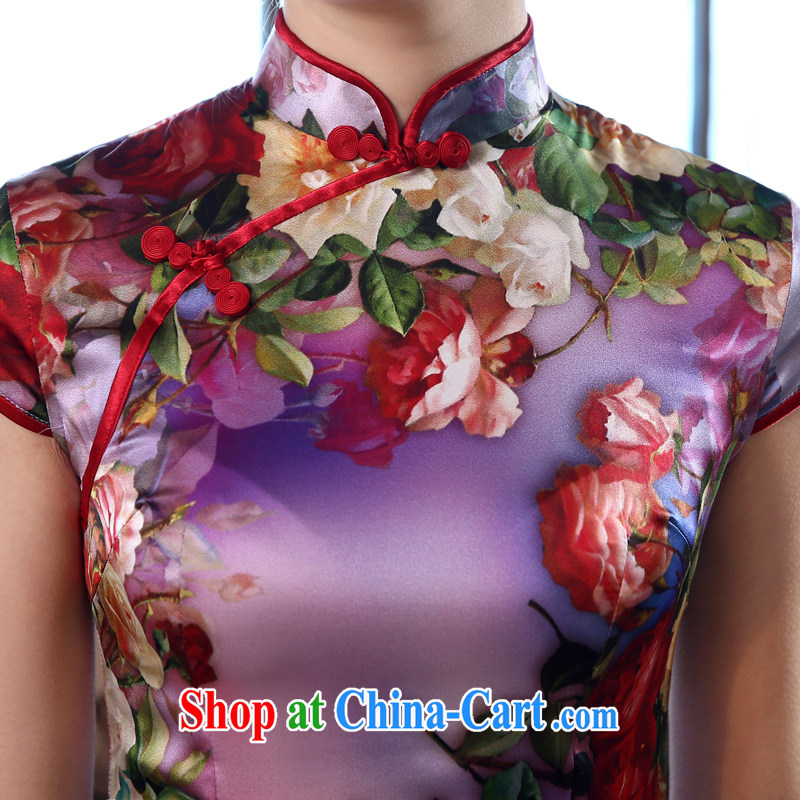 Morning dresses, new 2015 summer retro short improved stylish sauna silk silk Chinese qipao flower aviation purple XL, morning land, shopping on the Internet