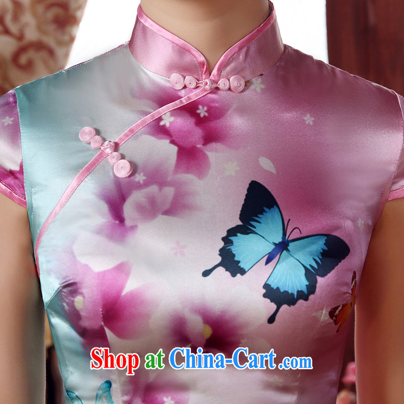 Morning dresses, new 2015 summer retro short improved stylish sauna silk silk Chinese qipao flower butterfly pink XL morning, land, and, on-line shopping