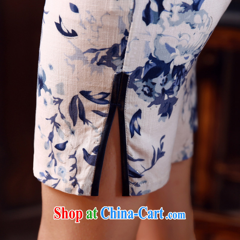 Morning love 2015 summer new stylish improved retro short cheongsam dress Chinese daily cotton the blue and white porcelain white L morning land, shopping on the Internet