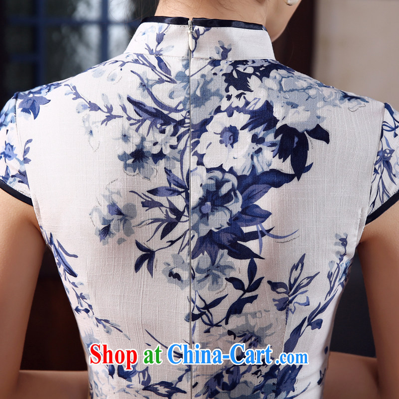 Morning love 2015 summer new stylish improved retro short cheongsam dress Chinese daily cotton the blue and white porcelain white L morning land, shopping on the Internet
