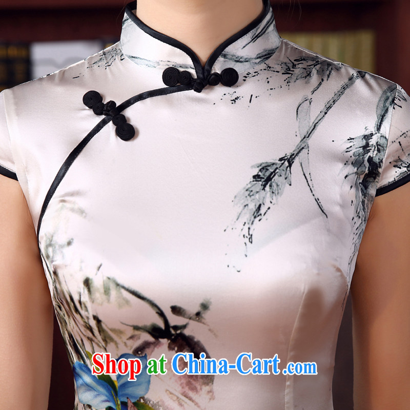 Morning, dresses new 2015 summer retro short, improved stylish sauna Silk is silk Chinese qipao flower lovers light gray M morning land, shopping on the Internet