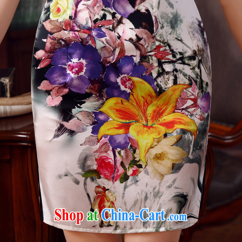 Morning, dresses new 2015 summer retro short, improved stylish sauna Silk is silk Chinese qipao flower lovers light gray M morning land, shopping on the Internet