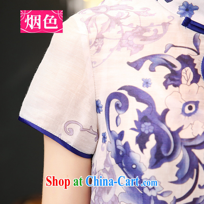 Smoke-colored 2015 spring and summer with new Ethnic Wind stamp dresses female blue and white porcelain short-sleeved Silk Dresses beauty retro style dresses blue and white porcelain XL, smoked, and shopping on the Internet