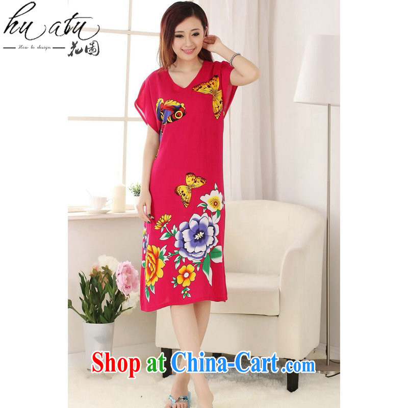 Take the female summer new Chinese Dress Chinese hand-painted Women's pajamas pure cotton long, even in a short-sleeved robes of red, code, and a figure, and shopping on the Internet
