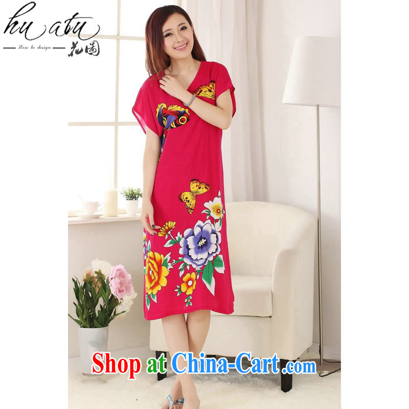 Take the female summer new Chinese Dress Chinese hand-painted Women's pajamas pure cotton long, even in a short-sleeved robes of red, code, and a figure, and shopping on the Internet