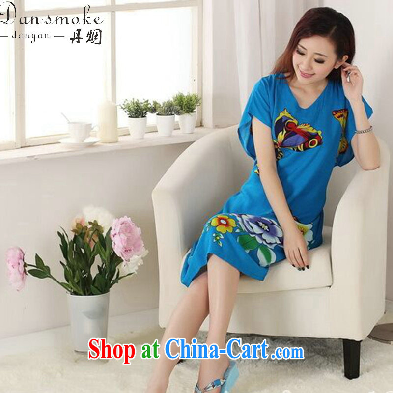Dan smoke female summer new Chinese Dress Chinese hand-painted female pajamas pure cotton long, even in a short-sleeved robes - A blue are code, Bin Laden smoke, shopping on the Internet