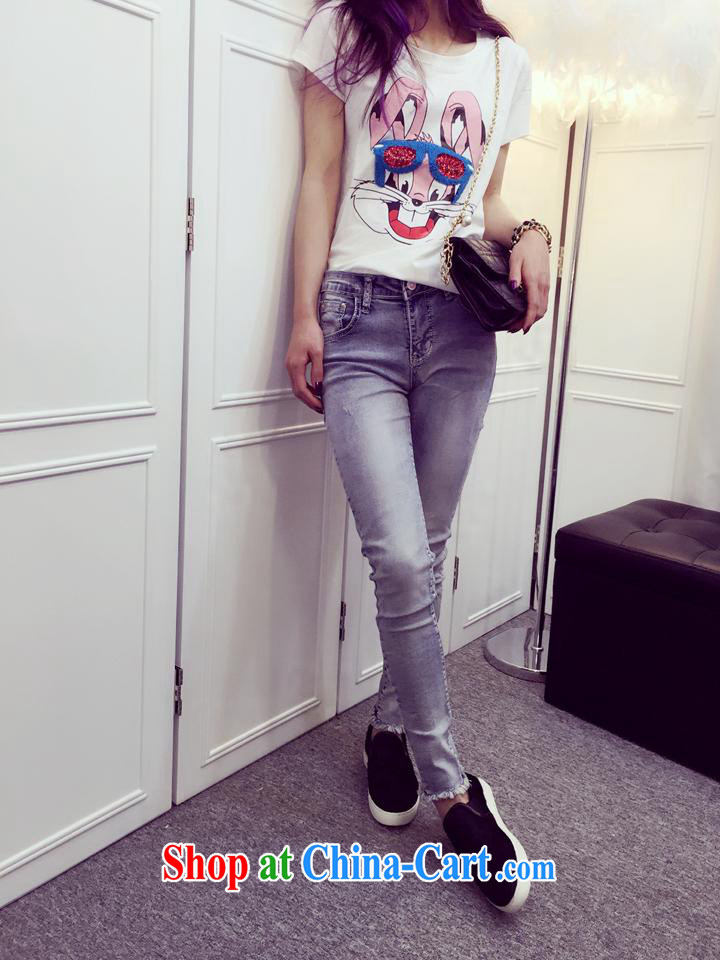 Qin Qing store European site 2015 spring new white rabbit, embroidered new stylish 100 ground short-sleeved T shirt T-shirt woman black are code pictures, price, brand platters! Elections are good character, the national distribution, so why buy now enjoy more preferential! Health