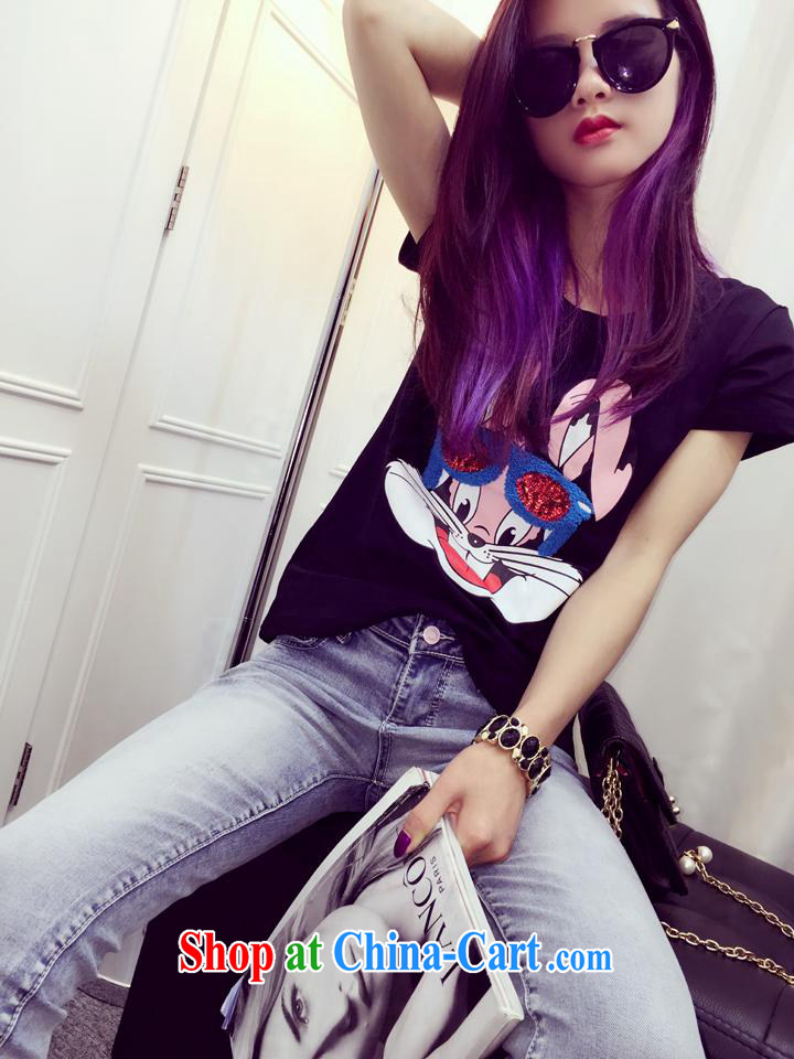 Qin Qing store European site 2015 spring new white rabbit, embroidered new stylish 100 ground short-sleeved T shirt T-shirt woman black are code pictures, price, brand platters! Elections are good character, the national distribution, so why buy now enjoy more preferential! Health