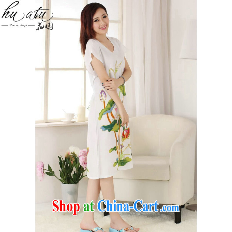Take the female Chinese summer new V collar cotton hand-painted Chinese ladies robes bathrobes short-sleeved dresses pajamas white are code, spend figure, and, on-line shopping
