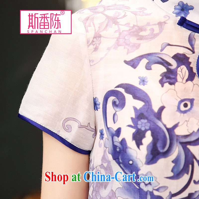 Double, Chen 2015 spring and summer with new Ethnic Wind stamp dress blue and white porcelain short-sleeved Silk Dresses beauty retro style dresses blue and white porcelain S, double, Chen (spanchan), online shopping