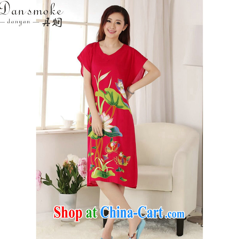 Dan smoke female tang on summer, new V collar cotton hand-painted Chinese ladies robes bathrobes short-sleeved dresses pajamas - C of red, code, Dan smoke, shopping on the Internet