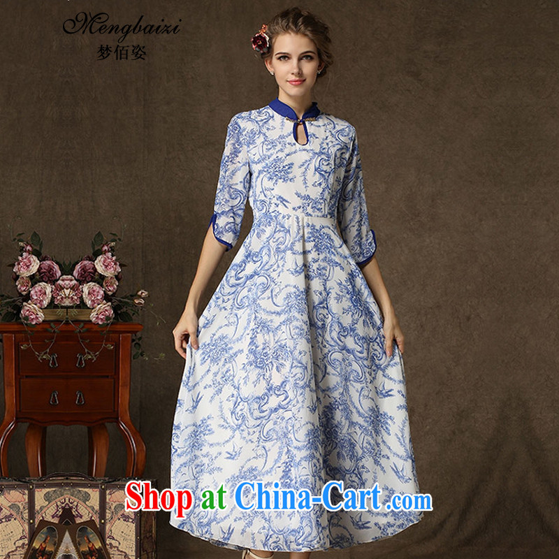 Let Bai beauty 2015 new retro beauty graphics thin snow-woven stamp duty cheongsam dress female QP 605 _blue XL