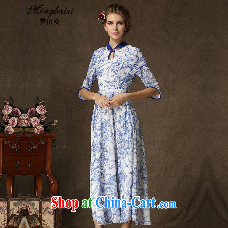 Let Bai colorful 2015 new retro beauty graphics thin ice woven stamp cheongsam dress female QP 605 #blue XL dream Bai beauty, shopping on the Internet