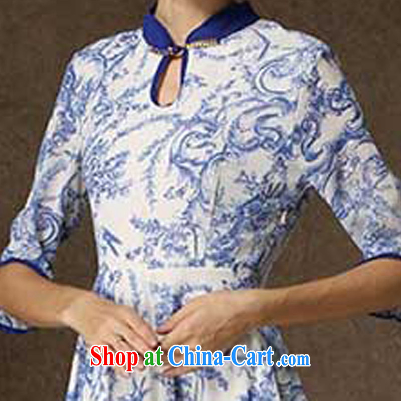 Let Bai colorful 2015 new retro beauty graphics thin ice woven stamp cheongsam dress female QP 605 #blue XL dream Bai beauty, shopping on the Internet