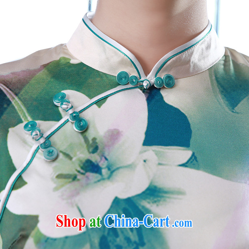 Morning dresses, new summer retro short improved stylish sauna silk silk Chinese qipao dress floral green XXL morning land, shopping on the Internet