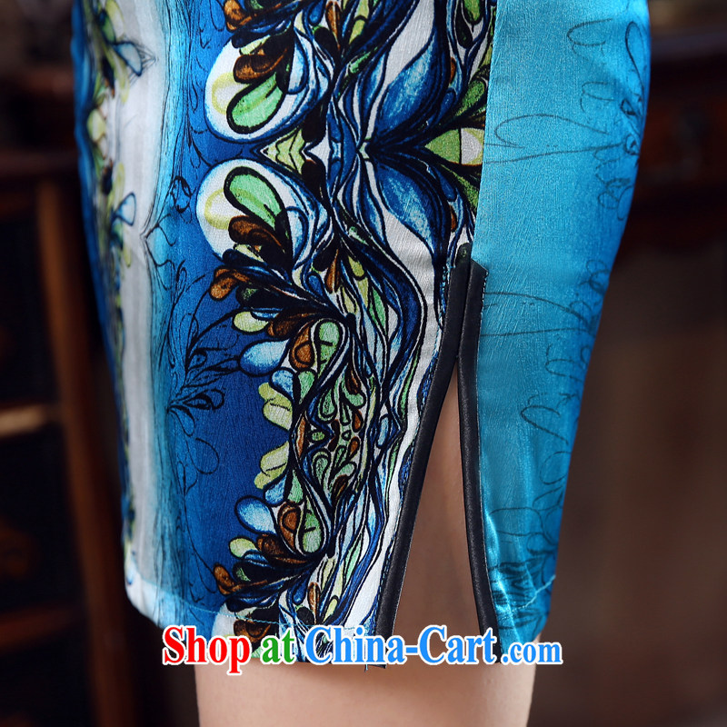 Morning dresses, new 2015 summer retro short improved stylish sauna silk silk Chinese qipao blue-blue L morning land, shopping on the Internet