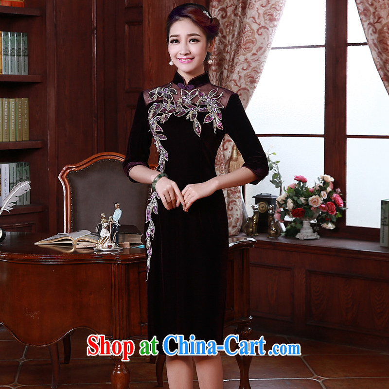 Early Morning, spring and autumn 2015 new stylish improvements in antique cuff luxury manually staple Pearl velvet cheongsam dress purple XXL morning land, shopping on the Internet