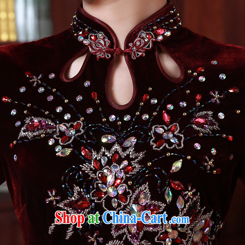 Early Morning, spring and autumn 2015 new stylish improvements in antique cuff luxury manually staple Pearl velvet cheongsam dress wine red XL morning land, shopping on the Internet