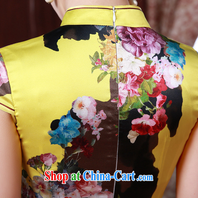 Morning dresses, new summer retro short, improved stylish sauna Silk is silk Chinese qipao dress yellow Peony yellow M, morning land, shopping on the Internet