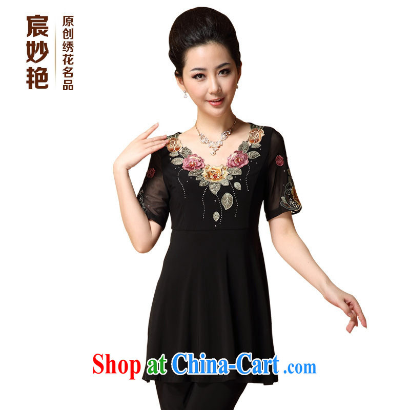 Health concerns women _ law Alice Ho Miu Ling Nethersole in stunning older women summer short-sleeved T-shirt T-shirts larger female embroidered V for 2015 spring and summer new black 4 XL