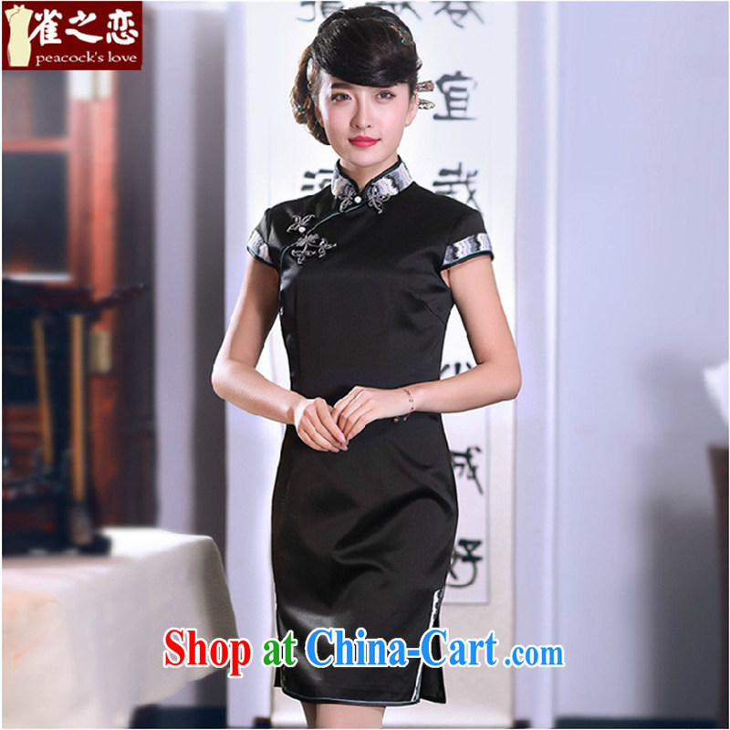 Health concerns women _ birds love Wun Sha 2015 spring new heavy silk stitching improved short cheongsam dress QD 688 black XXL