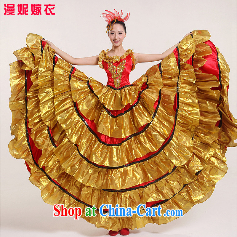 Opening dance swing skirt Spanish dance skirt long gold skirt dance performances serving modern dance clothing stage performing arts clothing National Folk Dance as well as performing arts fashion _ Dance apparel yellow XXL