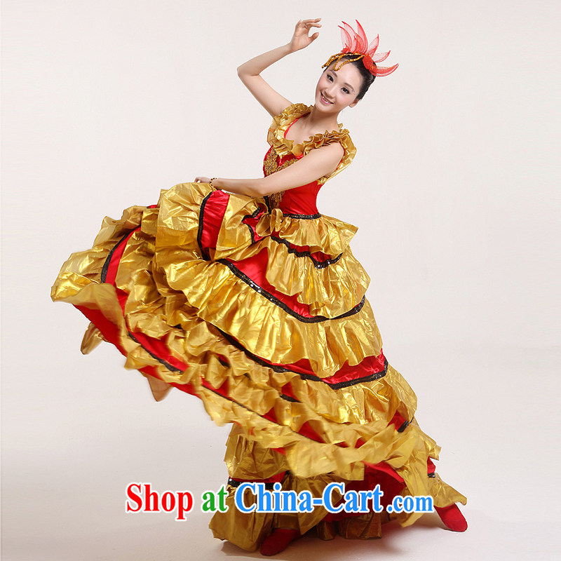 Opening dance swing skirt Spanish dance skirt long gold skirt dance performances serving modern dance clothing stage performing arts clothing National Folk Dance as well as the performing arts fashion & Dance clothing yellow XXL, diffuse Connie married cl