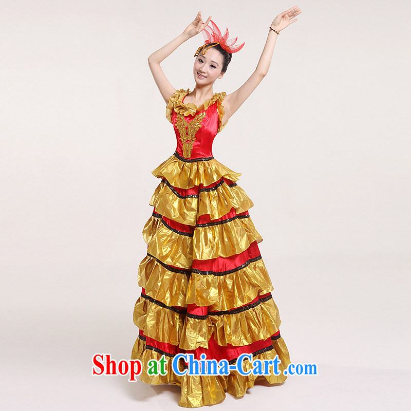 Opening dance swing skirt Spanish dance skirt long gold skirt dance performances serving modern dance clothing stage performing arts clothing National Folk Dance as well as the performing arts fashion & Dance clothing yellow XXL, diffuse Connie married cl