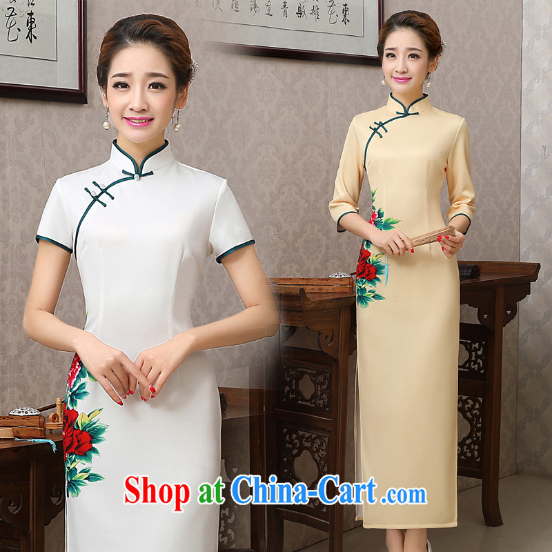 2015 new spring and summer Stamp Day long cheongsam short-sleeved high on the truck retro improved cultivating cheongsam dress dress yellow only short-sleeved S, Taylor Martin (TAILEMARTIN), online shopping