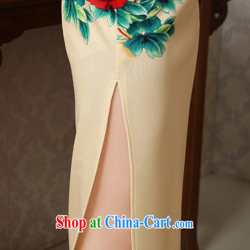 2015 new spring and summer Stamp Day long cheongsam short-sleeved high on the truck retro improved cultivating cheongsam dress dress yellow only short-sleeved S, Taylor Martin (TAILEMARTIN), online shopping