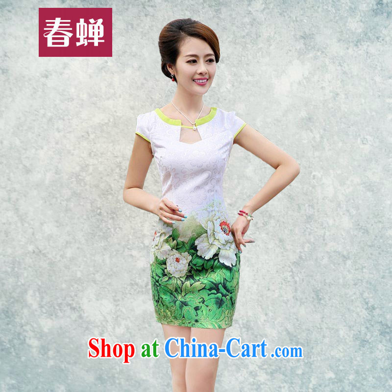 Silent Spring Summer 2015 new female improved stylish short style elegant beauty dresses retro skirts daily stamp cheongsam dress 6878 green Peony XXL