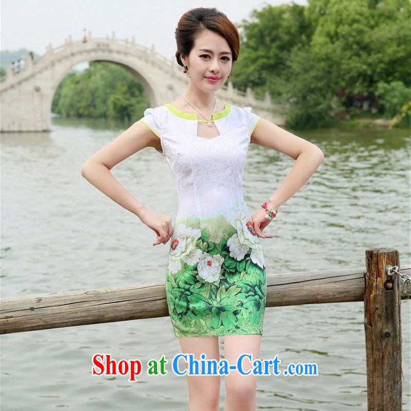 Constitution, spent summer 2015 new women with improved stylish short bag and dress style beauty retro-day stamp cheongsam dress 6878 green Peony M, constitution, flowers, and, shopping on the Internet