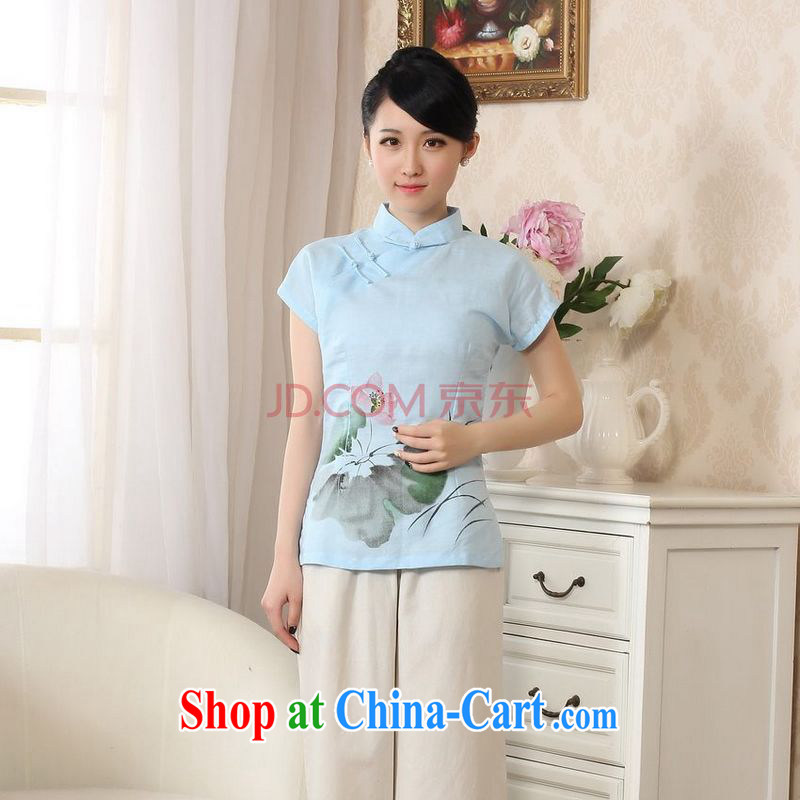 Uh, Ms. JOSEPH Tang Women's clothes summer T-shirt, cotton for the hand-painted Chinese Han-female improved Tang - A XXL sky