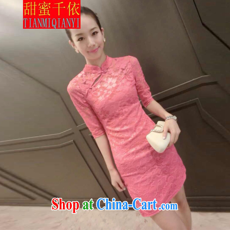 Sweet 1000 to 2015 lace beauty graphics thin cheongsam dress pink S