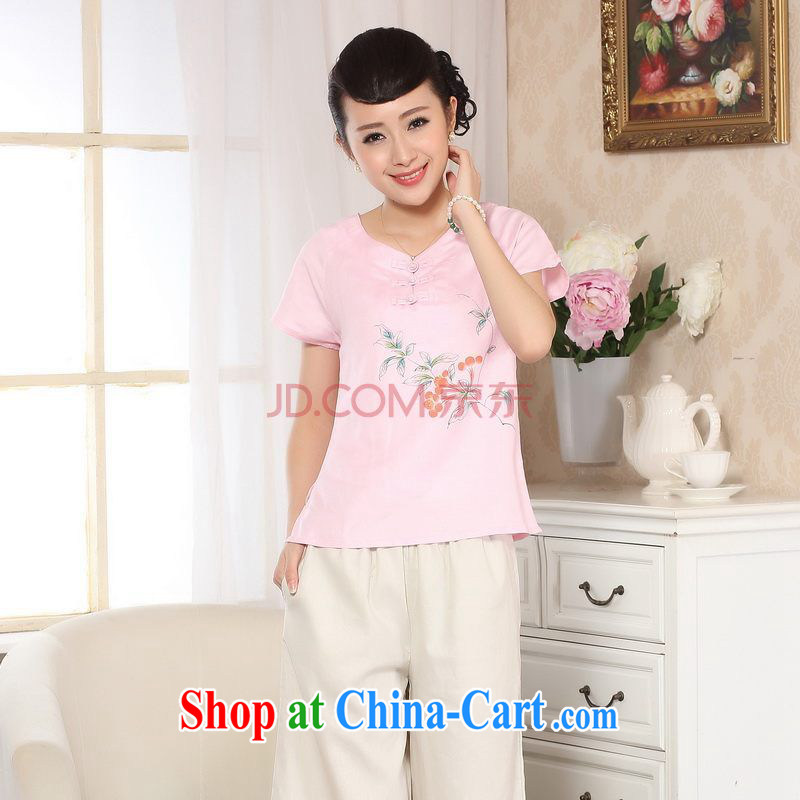 Uh, Ms. JOSEPH Tang Women's clothes summer T-shirt short-sleeved cotton Ma hand-painted shirt ethnic wind women pink B XXL