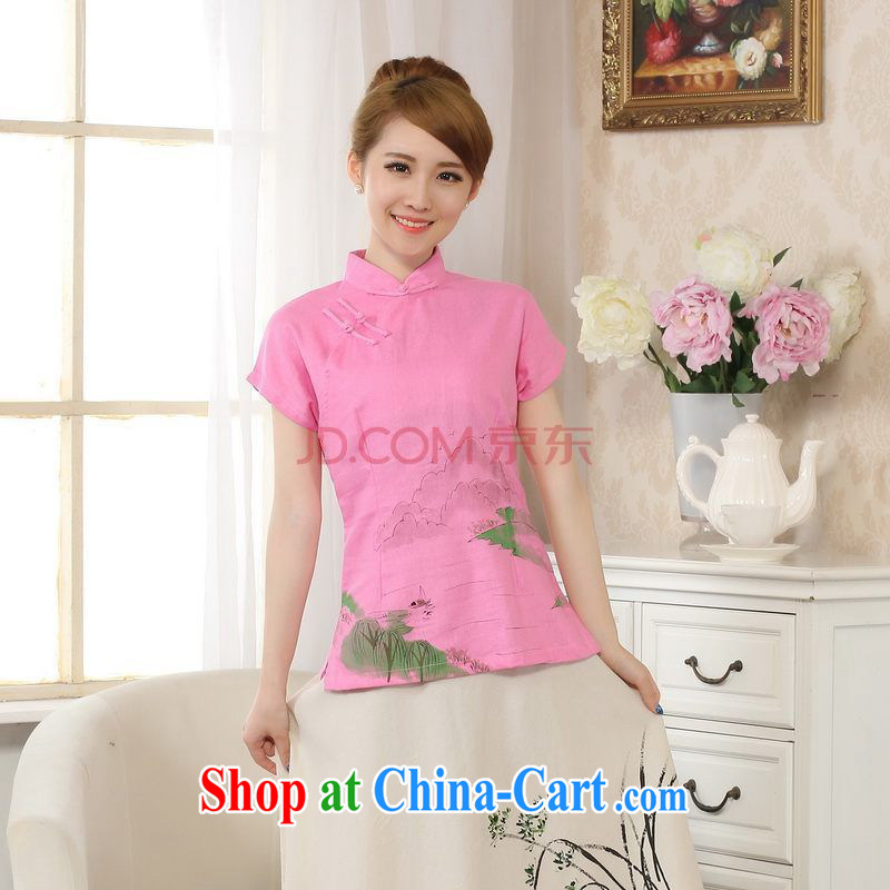 Uh, Ms. JOSEPH Tang Women's clothes summer T-shirt, cotton for the hand-painted Chinese Han-female improved Chinese short-sleeve - B pink S