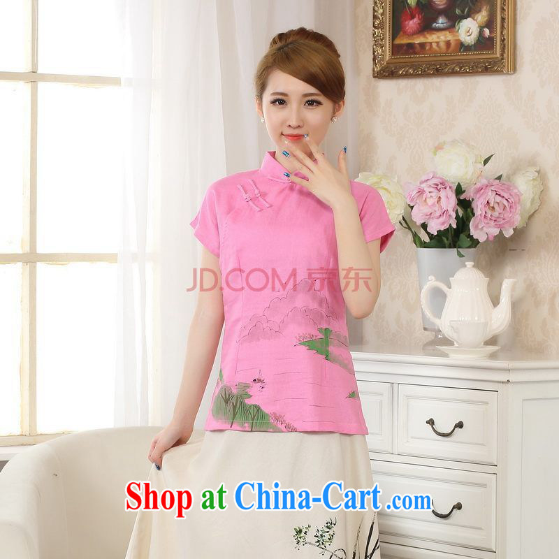 Uh, Ms. JOSEPH Tang Women's clothes summer T-shirt, cotton for the hand-painted Chinese Han-female improved Chinese short-sleeve - B pink S, Joseph cotton, shopping on the Internet