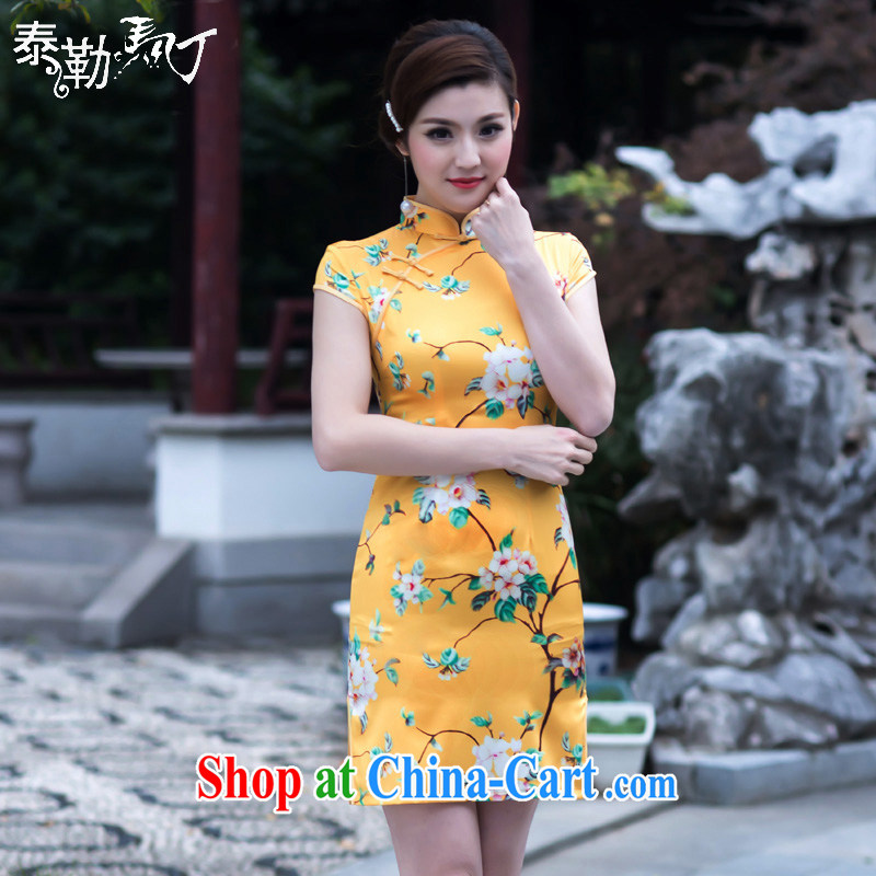 elegant and refined Silk Cheongsam short 2015 new spring and summer beauty China wind cheongsam dress dress Gangnam charm yellow XXL